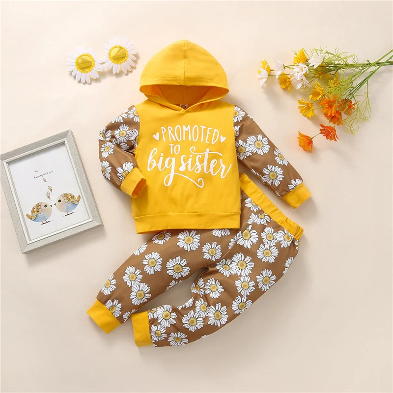 

2Pcs Children Girls Autumn Cotton Clothes Set,Baby Girls Letter Print Long Sleeve Hooded Tops+Elastic Waist Trousers,1-4Years