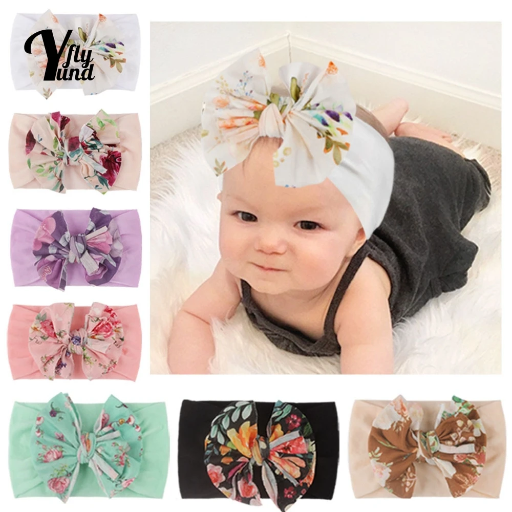 

Yundfly Vintage Flowers Pattern Bowknot Elastic Wide Headband Infant Cute Print Bows Nylon Hairband Baby Headwear Photo Props