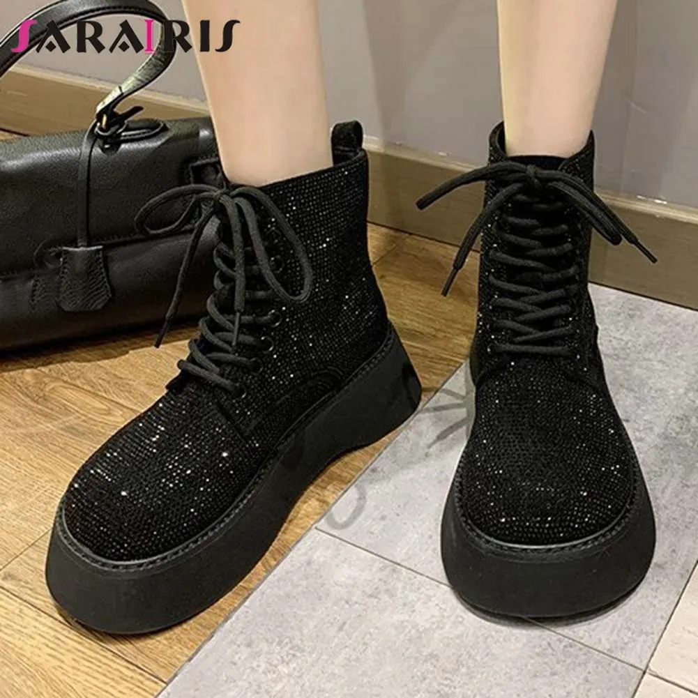 

SARAIRIS New Fashion Ladies Motorcycle Boots Ankle Boots Women Round Toe Platform Chunky Heels shoelace Crystal Shoes Woman