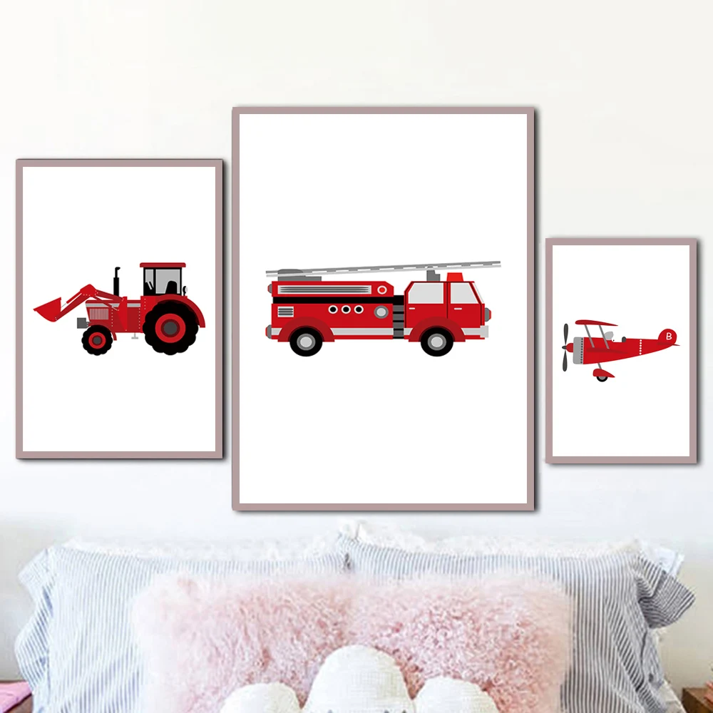 

Cartoon Aircraft Bulldozer Fire Truck Nordic Posters and Prints Wall Art Canvas Painting Wall Pictures Baby Kids Room Home Decor