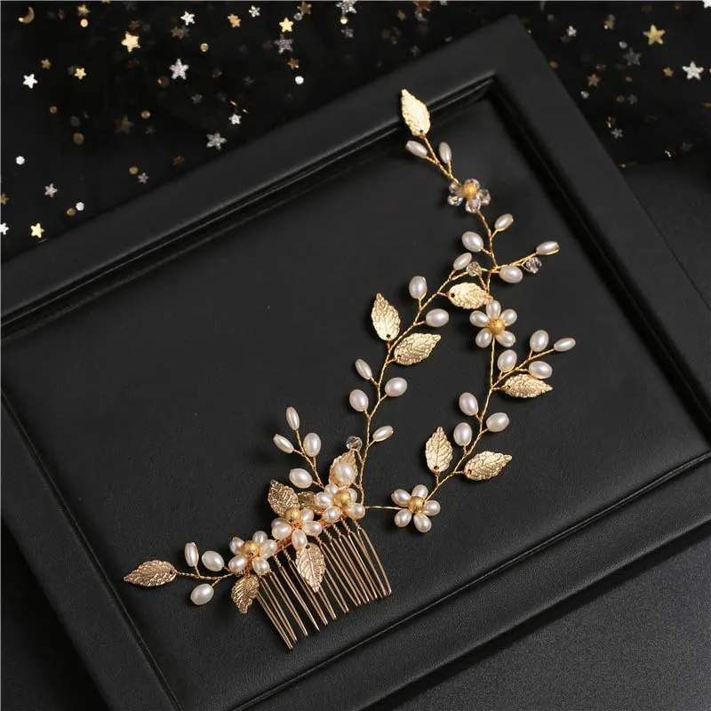 

Hot Leaves Headdress Handmade Pearl Hair Comb Hair Accessories Bridal Insert Comb Jewelry Wholesale