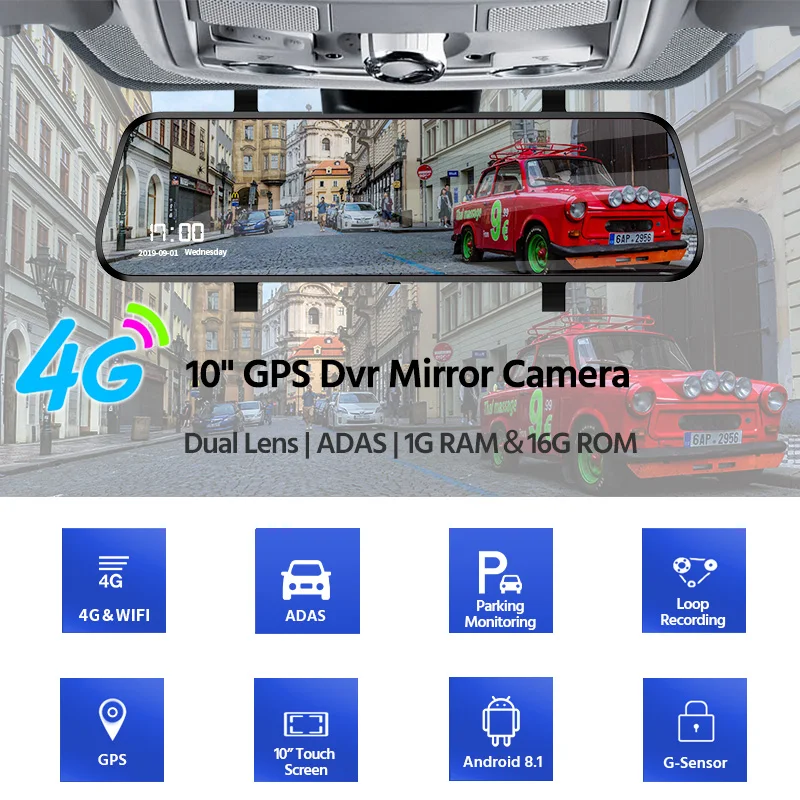 E-ACE Car Dvr ADAS 4G 10" IPS mirror Dash cam Video Recorder Full HD 1920x1080 Dual Lens Rear View Mirror Android GPS Car Camera