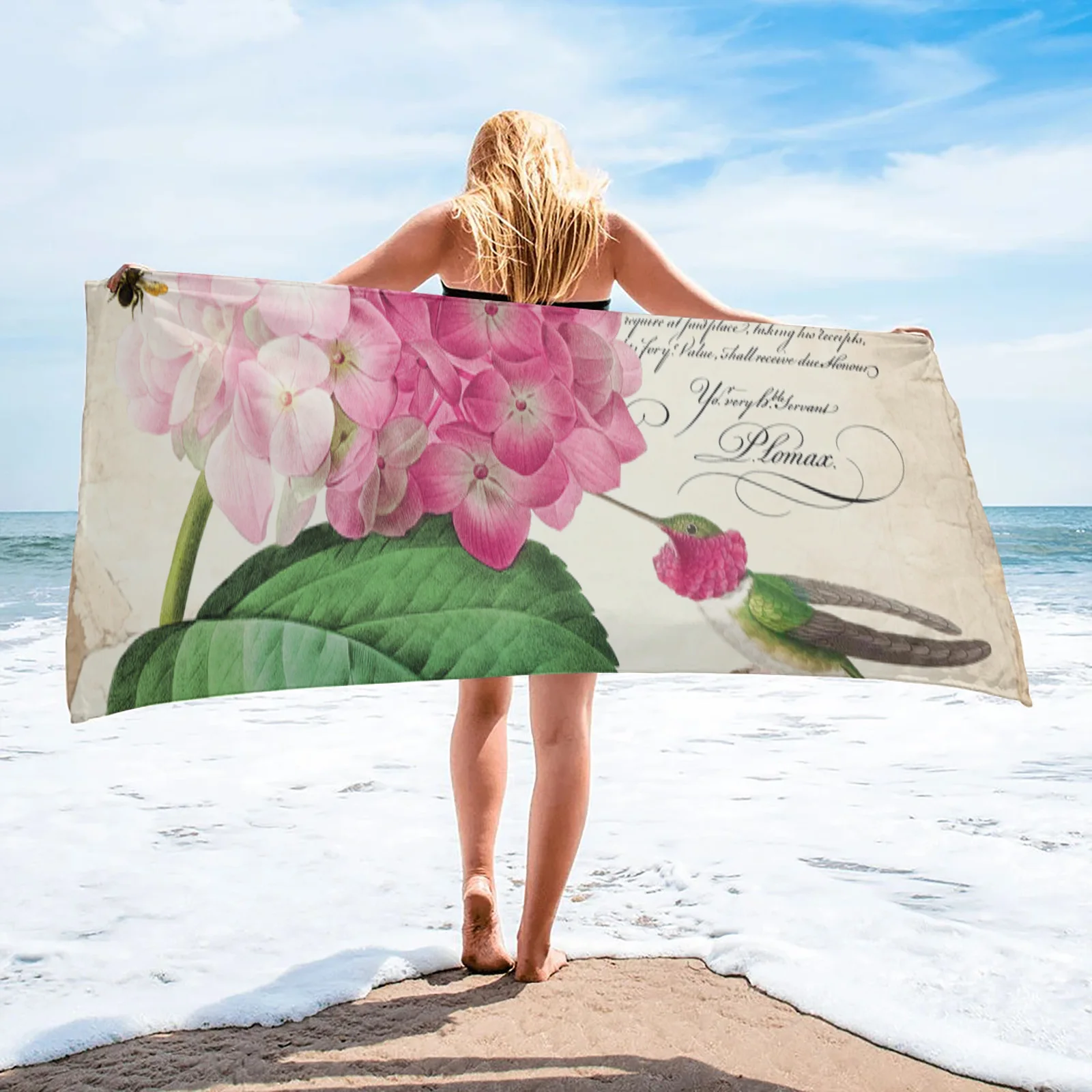 

Пляжное полотенце Hummingbird с гортензией, быстросохнущее банное полотенце из микрофибры, пляжное одеяло для взрослых и детей, одеяло для пикни...