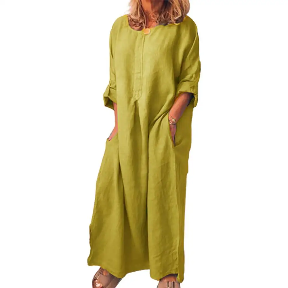 

Women Summer Vintage Solid Color Long Sleeve O Neck Pockets Maxi Beach Long Fashion Dress Tunic Kaftan Ladies Clothing 2021