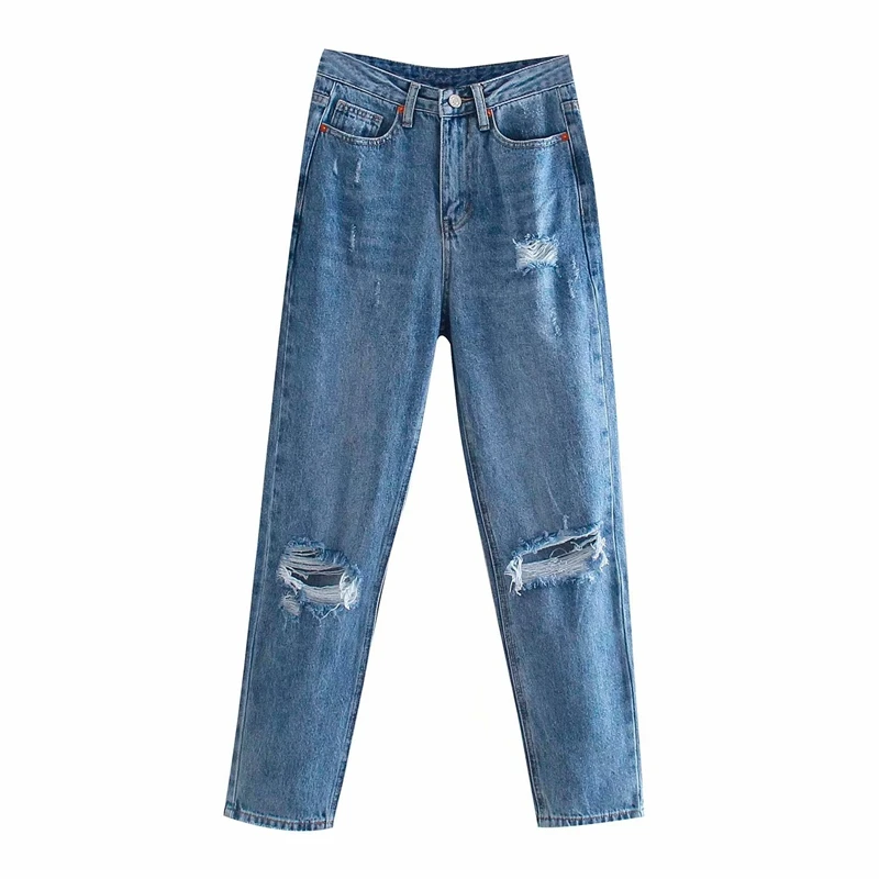 

2021 Pants Long Trousers Pockets Buttons Female Pants Fashion Women Boyfriend Style Ripped Jeans