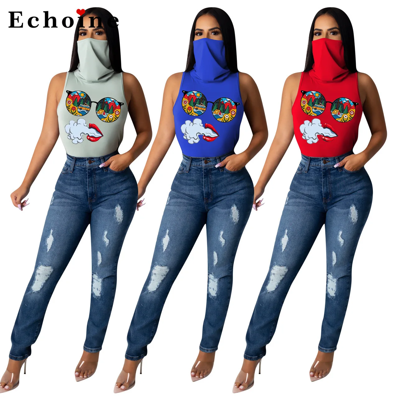 

Women Turtleneck Casual Lips Printed T-shirt Sleeveless Leisure Sports Streetwear Modern Office Lady Classic Vest Tops Homewear
