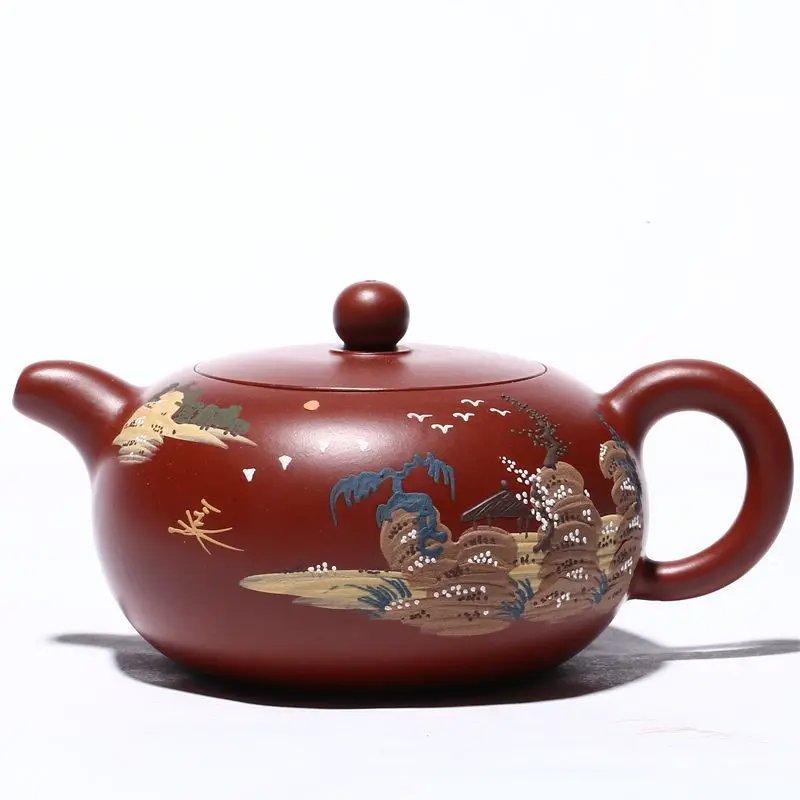 

Yixing Dahongpao purple clay pot producing area hand-painted Jiangnan flat jade teapot and tea set