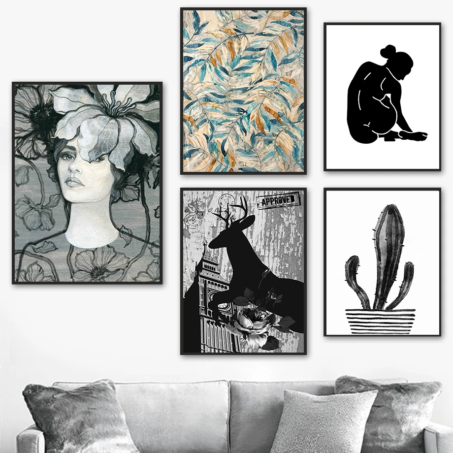 

Elizabeth Tower Woman Deer Palm Cactus Wall Art Canvas Painting Nordic Posters And Prints Wall Pictures For Living Room Decor