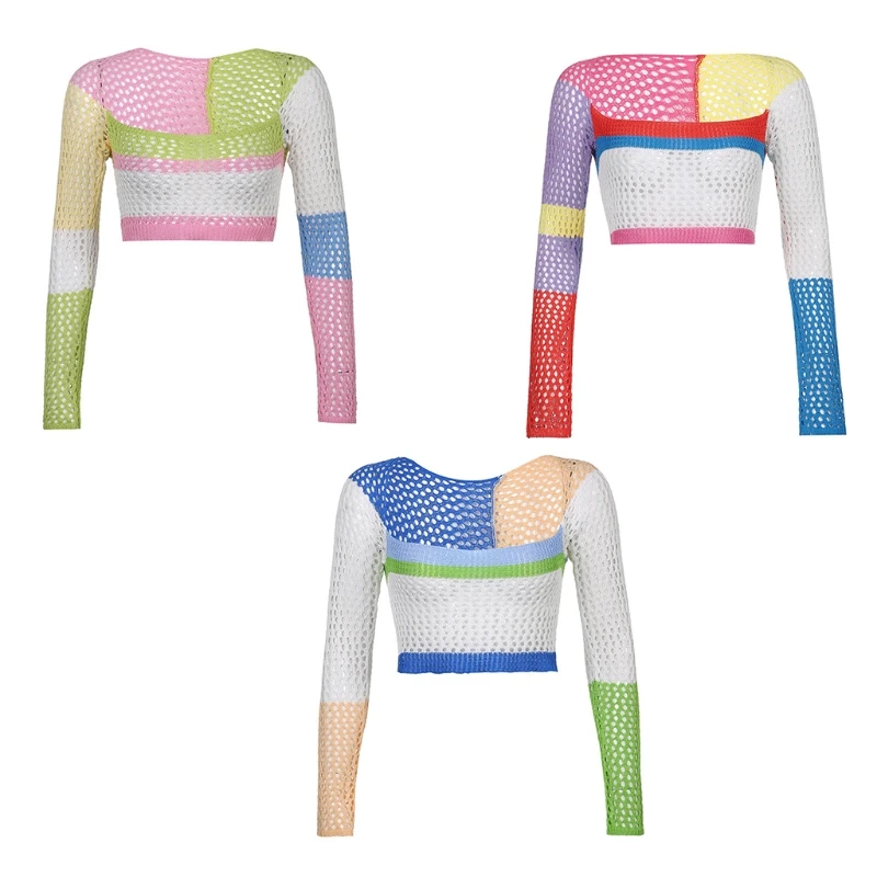 

K3NF Women Long Sleeve Knit Crop Top Sexy Square Neck Crochet Rainbow Sweater T-Shirt