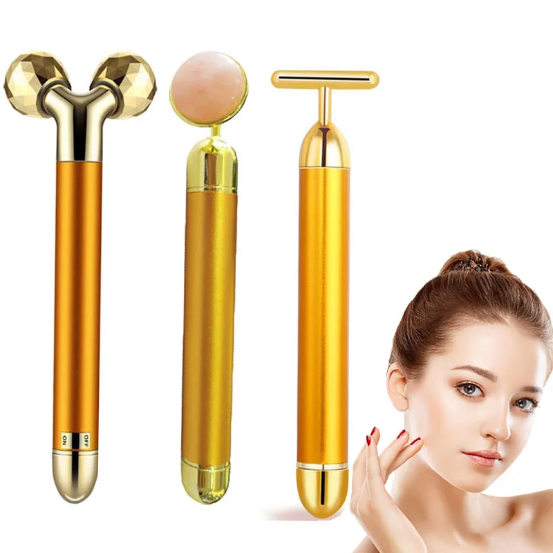 

24k Gold Energy Beauty Bar Set 3D Face Vibration Massager Facial Massager Anti Aging Skin Tighten Firm Roller Reduce Double Chin