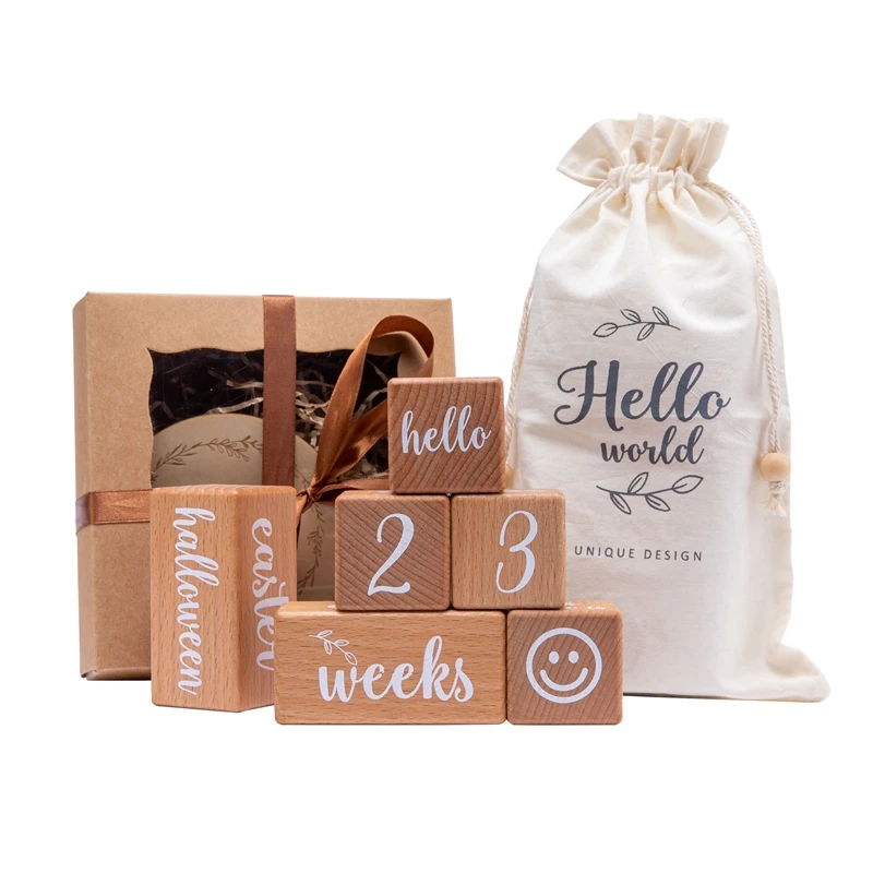 Juego de bloques de haya cuadrados grabados para acontecimiento, tarjeta para 12 meses de beb&eacute;, reci&eacute;n nacido, cumplea&ntilde;os, con accesorios de fotograf&iacute;a, set de 6 uds.-0