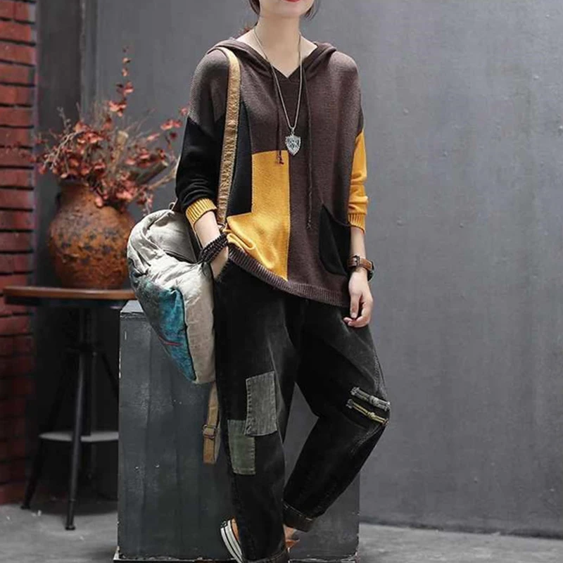 Женский свитер с капюшоном Max LuLu Свободный вязаный пуловер в британском стиле