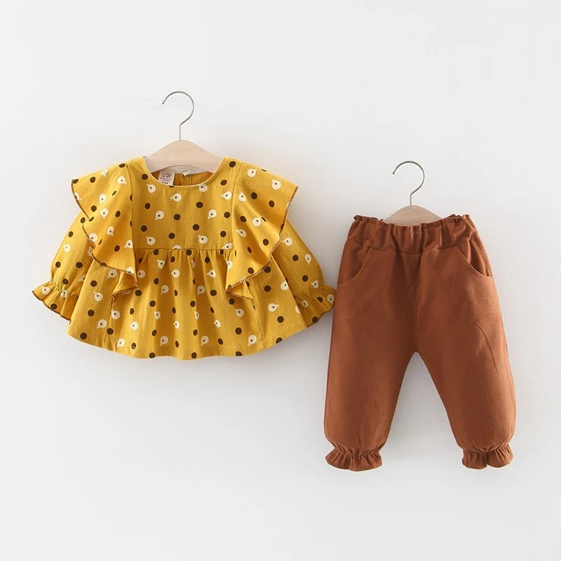 2019 Повседневный осенний комплект одежды принцессы для девочек топы в горошек с