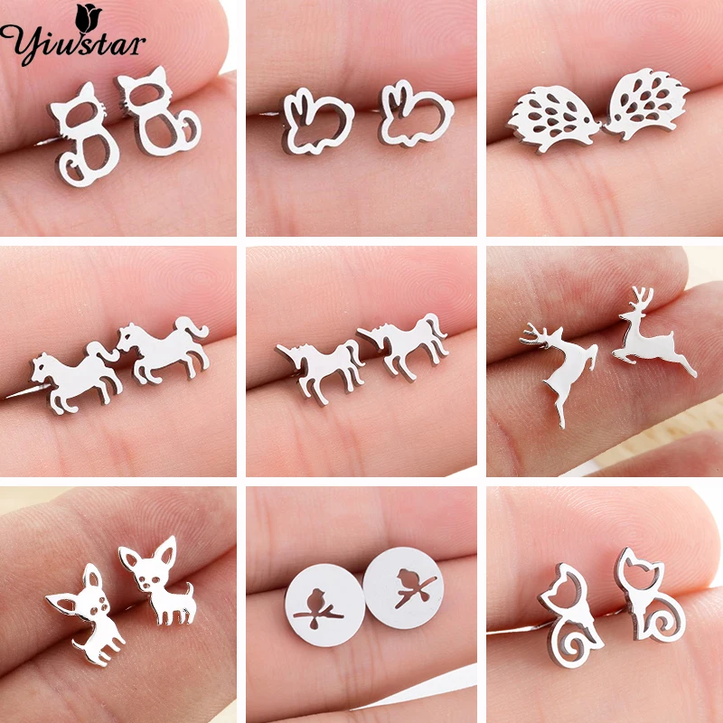 

Cute Stainless Steel Fox Earrings Women pendientes mujer Animal Bird Deer Chihuahua Stud Earrings Girls Hip hop Earring Jewelry