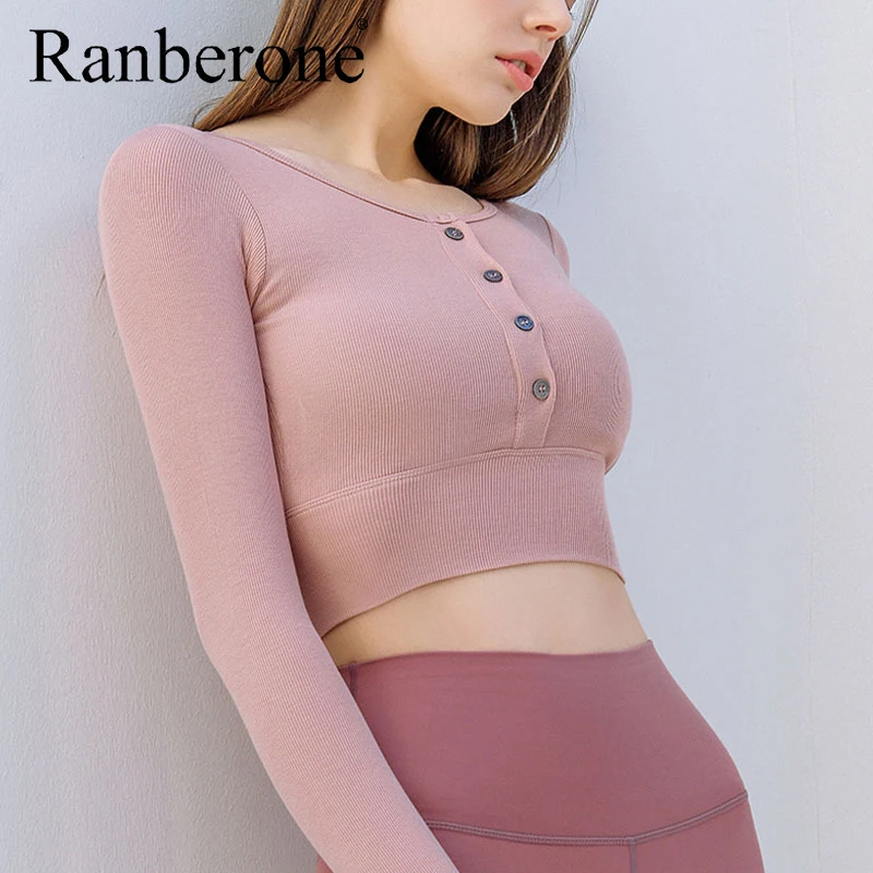 Ranberone Korean Style Yoga Clothes Long Sleeved Sports Top Fitness Clothes Women T-shirt With Chest Pad Fitness Gym Sportswear