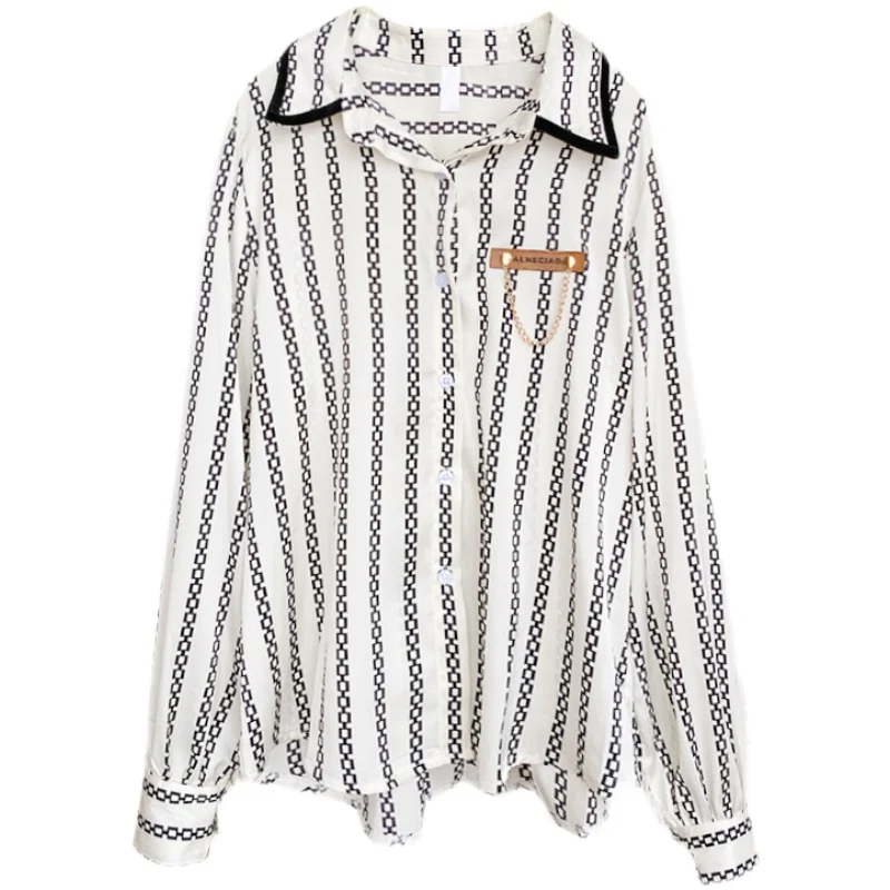 

2021 Spring New Retro British Style Vertical Striped Shirt Female Fashion Temperament Chiffon Shirt Long-sleeved Lapel Top
