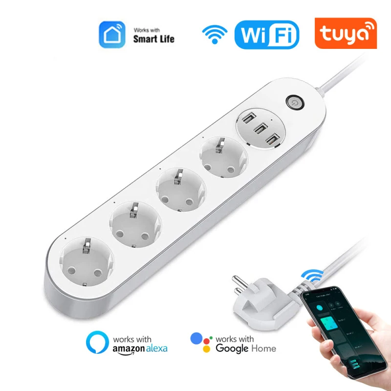 

TUYA Wifi Smart Power Strip 4 EU Outlets Plug 3 USB ChargingPort Overload Protection Timing Voice Control Via Alexa Google Home