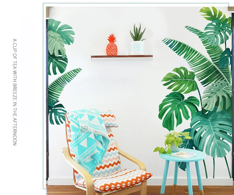 Tropical Plant Turtle Leaf Wall Sticker Fresh Beach Palm Leave Art Decal Door Wall Decoration for Living Room Kitchen Home Decor