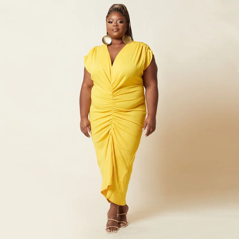 

Yellow Dress Plus Size 4XL 5XL Women Sleeveless Pleated Long African Gowns Evening Daily Party Curve Dresses Dropshipping 2021