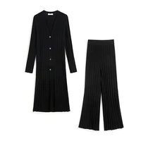 suits women two pieces set long cardigan wide leg pants wool blended shell v neck long sleeves elegant style ladies new fashion