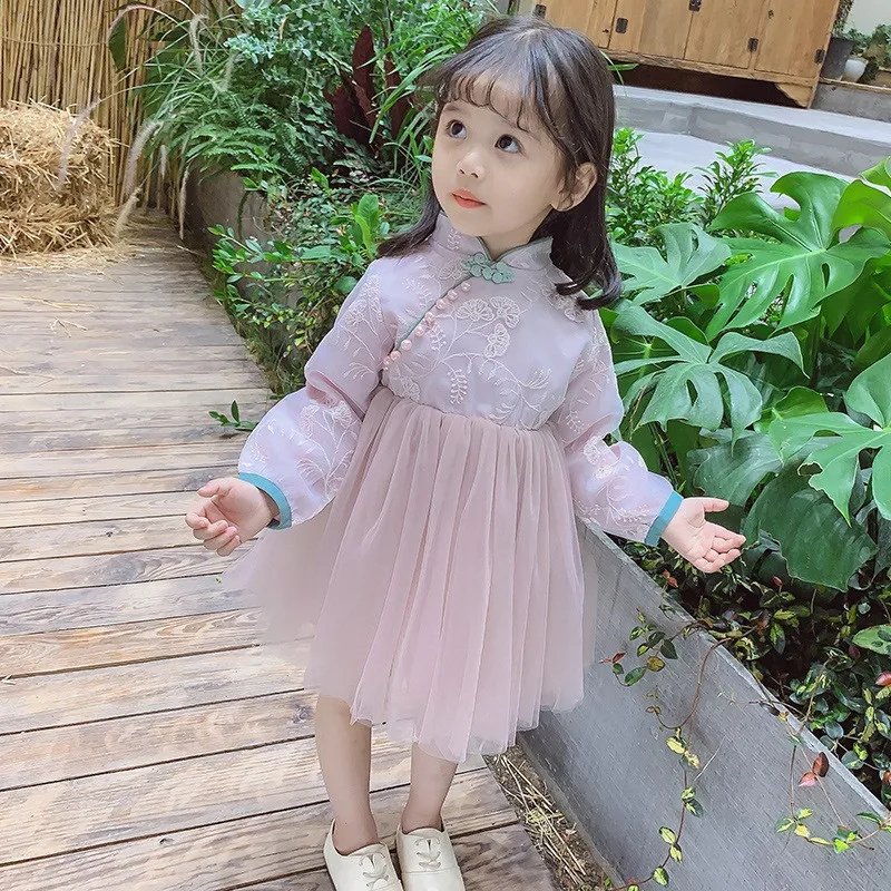 Платье Сезон осень в китайском стиле Детское платье с длинными рукавами для