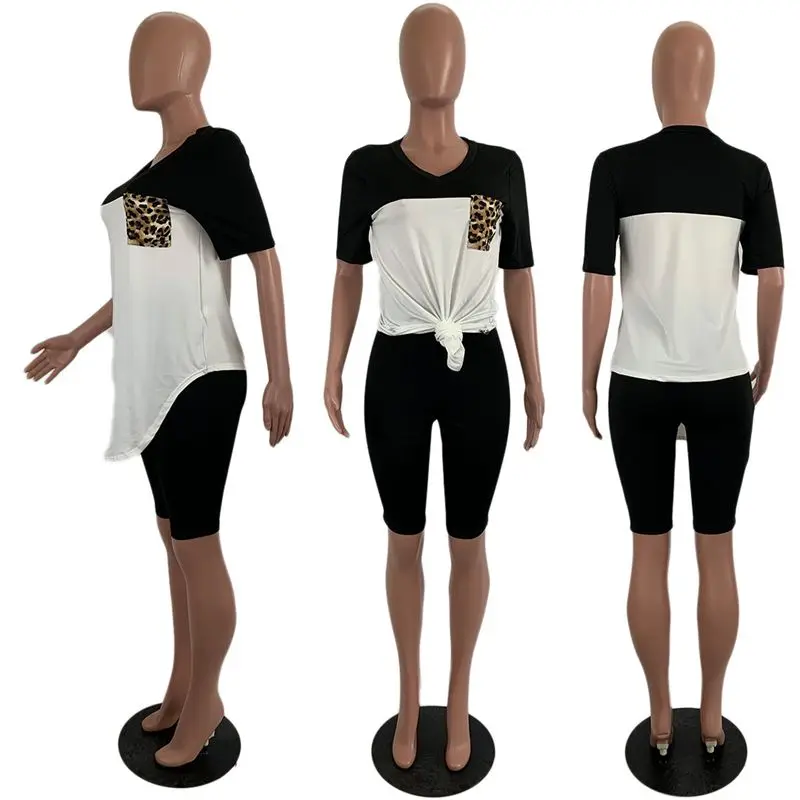 

Causal Two Piece Set Summer Women Clothing Tracksuit Leopard Pocket Top Biker Shorts Sweat Suits 2 Pcs Outfits Matching Sets