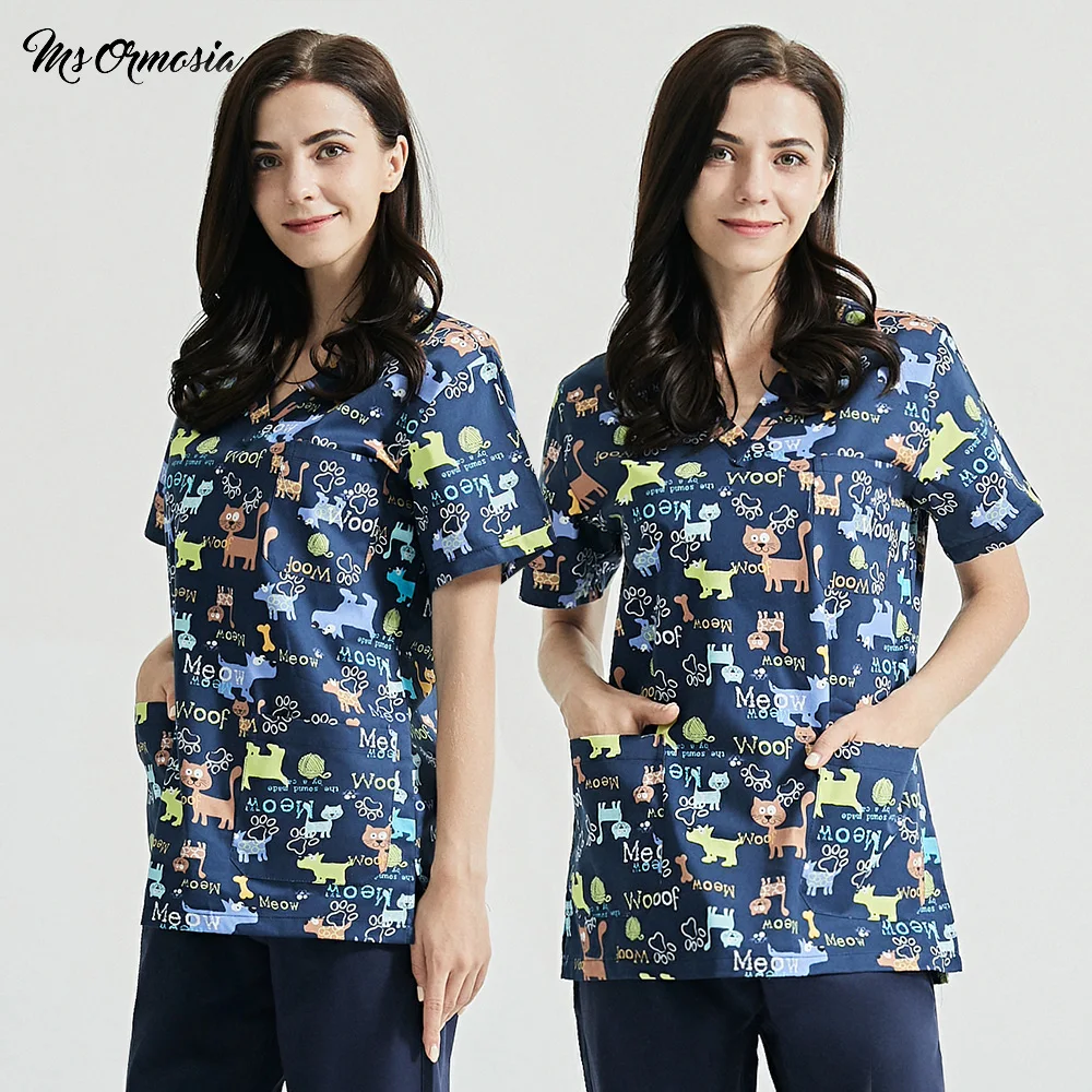 

Зоомагазин рабочая одежда модного дизайна для женщин, костюм в стиле с короткими рукавами и v-образным вырезом диетолог спецодежды Собака п...