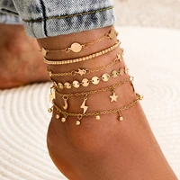 yada gold lightningstar pentagram anklets bracelet for women layer moon foot ankle beach barefoot sandals ankle female at200078