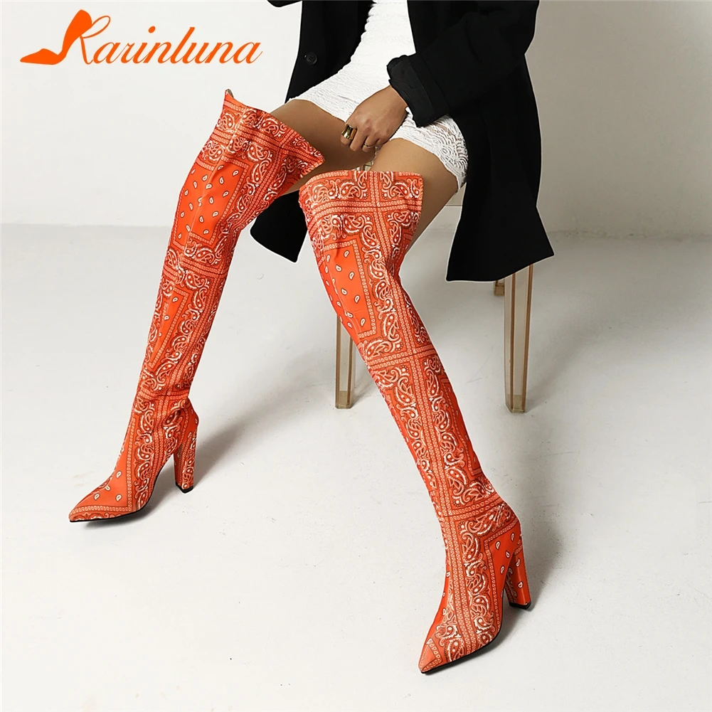 

Brand Design Female Thick High Heels Boots Fashion Mixed Colors Print Thigh High Boots Women 2021 Party Sexy Shoes Woman