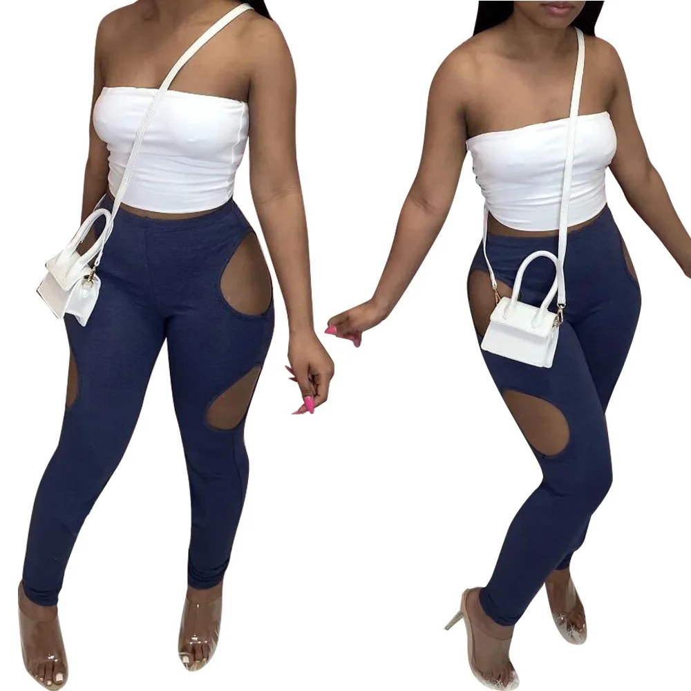 

Side Big Hole Hollow Out Sexy Skinny Leggings for Women Casual High Waist Elastic Hight Pencil Pant Streetwear Fitness Trousers