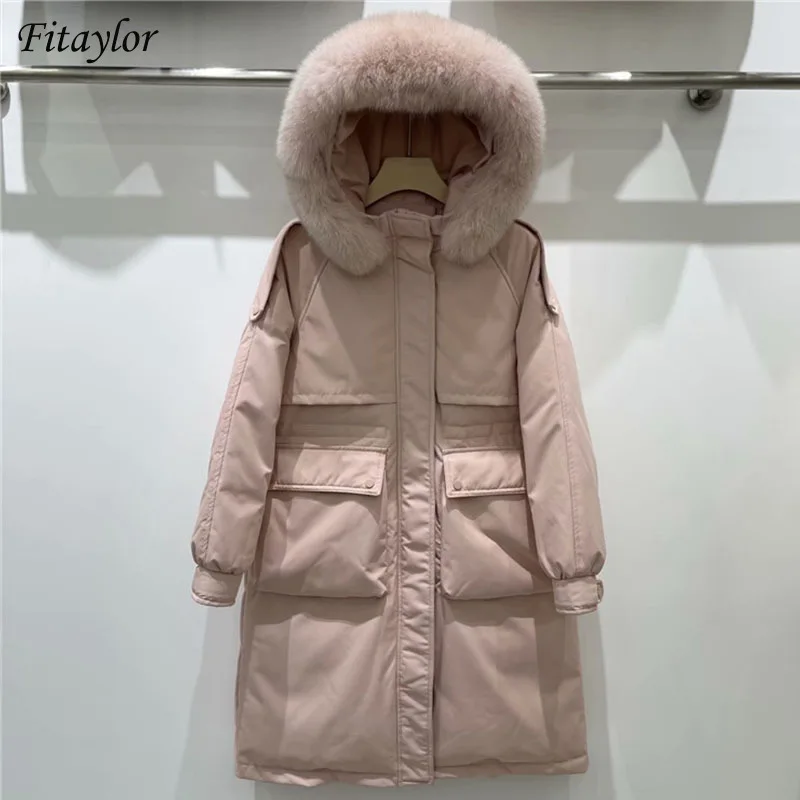 Fitaylor 90% White Duck Down Jacket Women Big Real Raccoon Fur Feather Coat Casual Windproof Warm Winter Long Sleeve Outwear | Женская