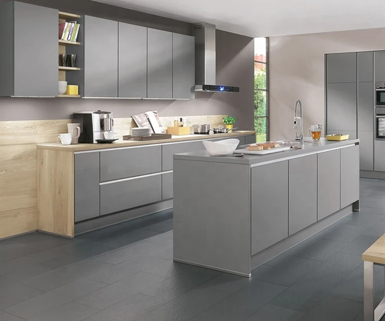 Недорогой современный кухонный шкаф из матового серого лака|Кухонные шкафы| |