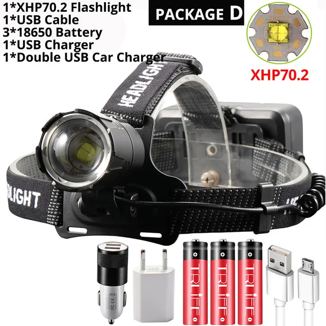 Package D XHP70.2 светодиодный налобный фонарь XHP70 самый мощный желтый белый светодиодный налобный фонарь для рыбалки, кемпинга, фонарь с зумом, 3*18650 батареи - Испускаемый цвет: Package D