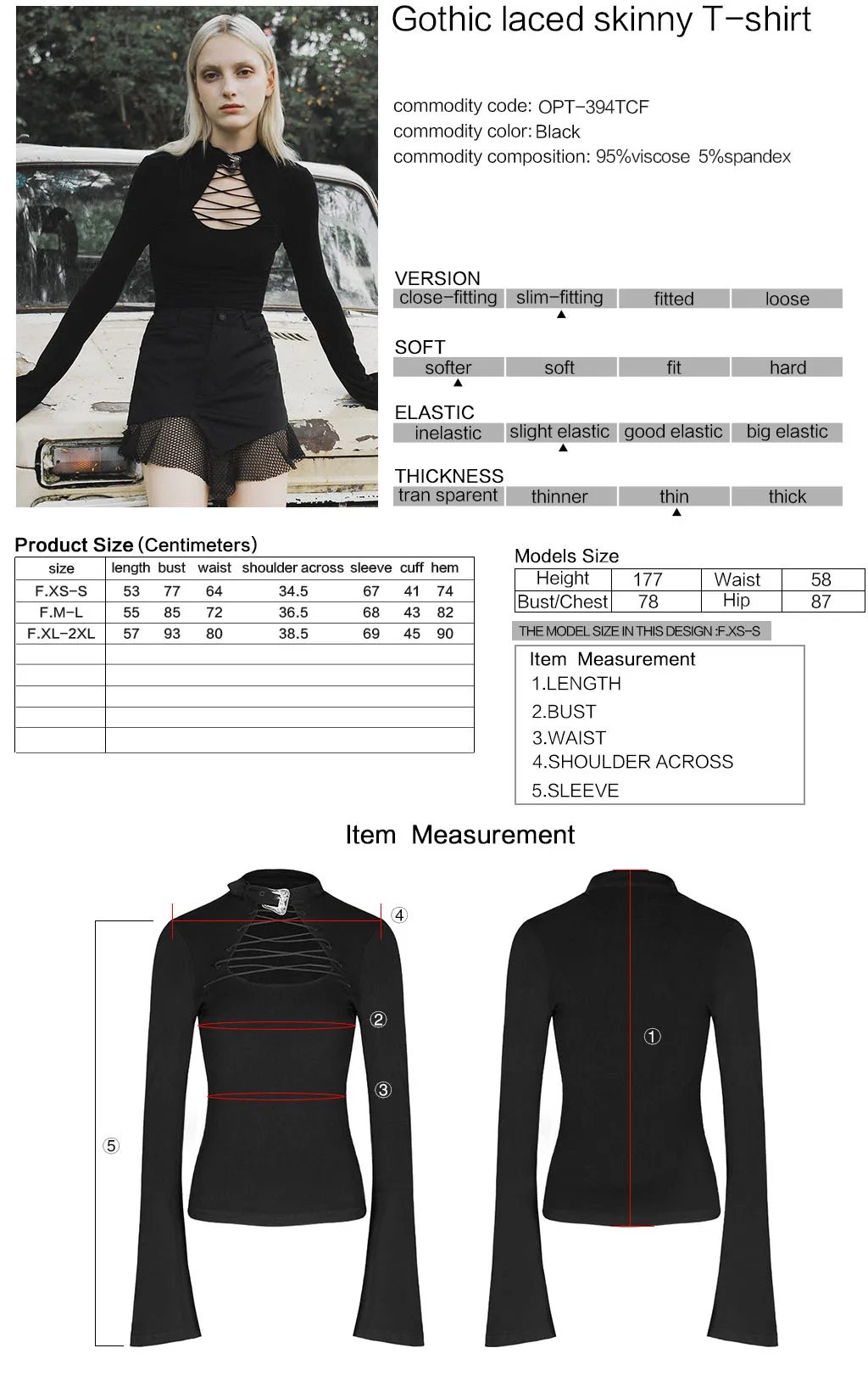 

PUNKRAVE Women's Gothic Laced Elastic Slim T-shirt Daily Casual Hollow-out Skinny Base Shirt