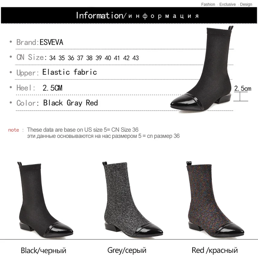 

ESVEVA 2020 Patchwork Stretch Fabrics PU Square Heel Ankle Boots Autumn Winter Pointed Toe Slip on Women Shoes Big Size 34-43