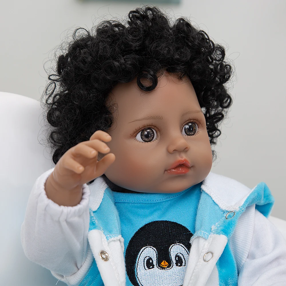 

49CM Reborn Baby Dolls Full Silicone Vinyl Body Black Skin Curls Realistic Bebe Reborne Babies Toys For Kids Birthday Xmas Gifts