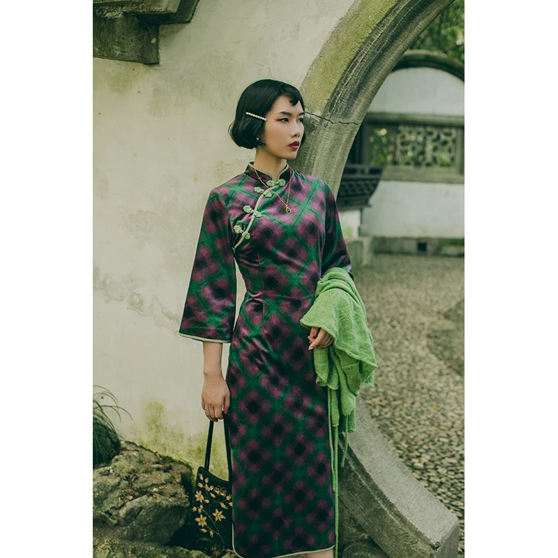 

Jade, Dian autumn top ulara grid squares velvet cheongsam restoring ancient ways of the republic of China