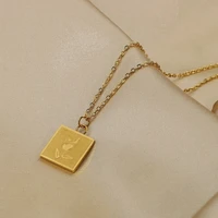 gold color square rose flower pendant necklace for women bracelets on hand vacuum plating stainless steel choker collar jewelry