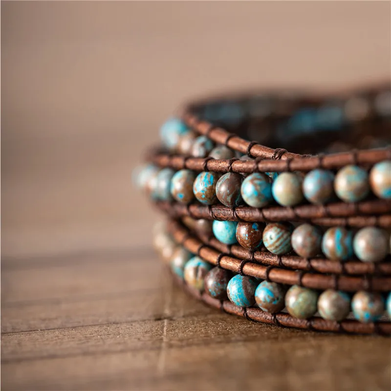 

Blue natural stone wrap around beaded Bracelet 5 layers Leather Wrap Bracelets Boho Chic Handmade Yoga Jewelry Dropshiping