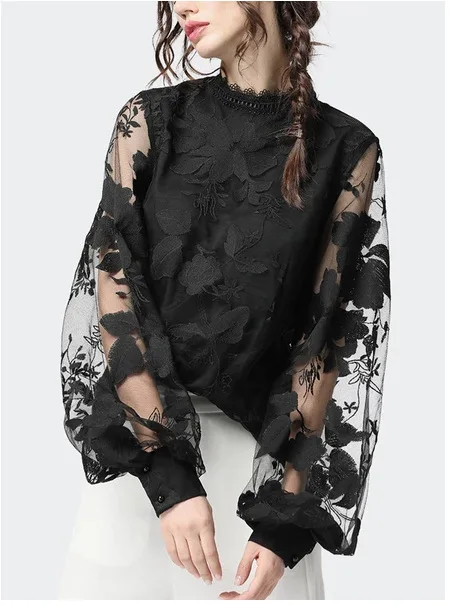 

Fashion Women Blouses 2021 Summer New European Ladies Blouses Lace Long Sleeve Stand Collar Solid Color Women Clothing