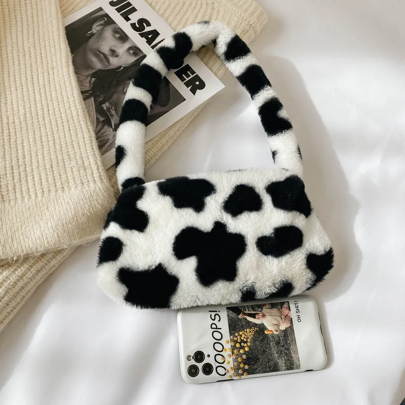 

Winter Fashion Vintage Shoulder Bag Soft Plush Handbag Female Bag Underarm Bags Leopard Zebra Pattern Fluffy Tote Bags