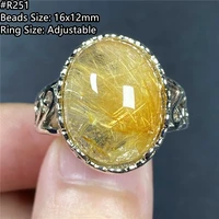 big natural gold rutilated quartz ring for women man luck beads silver wealth crystal gemstone adjustable ring jewelry aaaaa