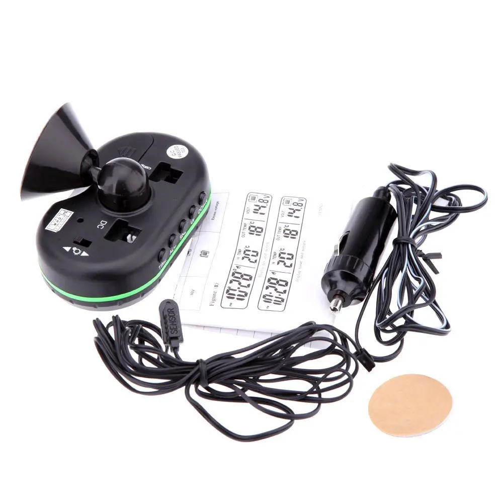 

Multi-Function Digital 12V Car Voltage Alarm Temperature Thermometer Clock LCD Monitor Battery Meter Detector - Green/ Blue