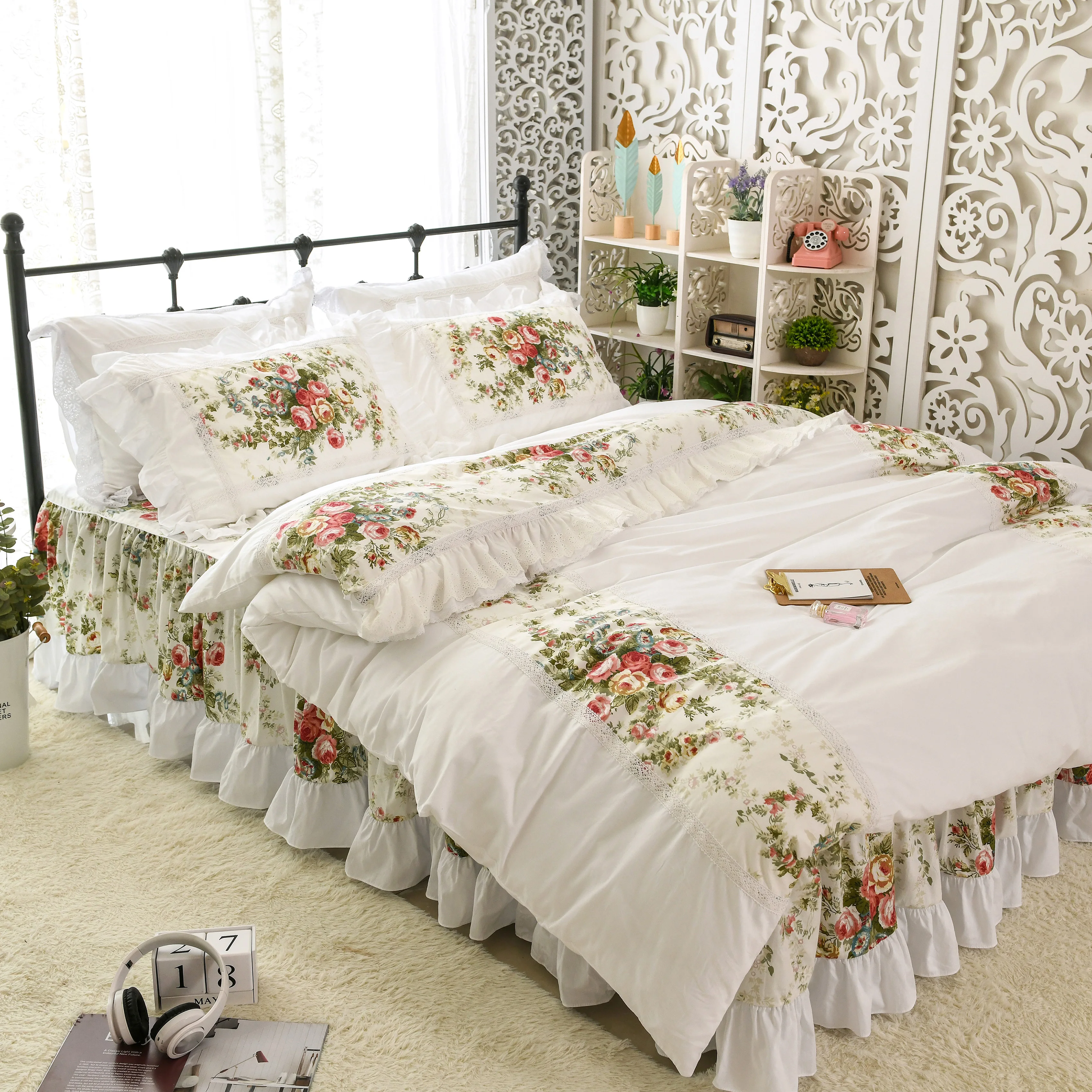 Набор постельного белья из хлопка Универсальный Цветочный вышитый
