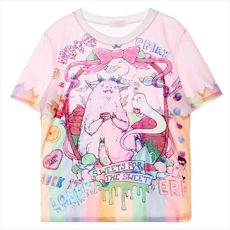 

Fashion Solid Color Spring And Summer Women New Harajuku Style Cartoon Pattern Short Sleeved T Shirt