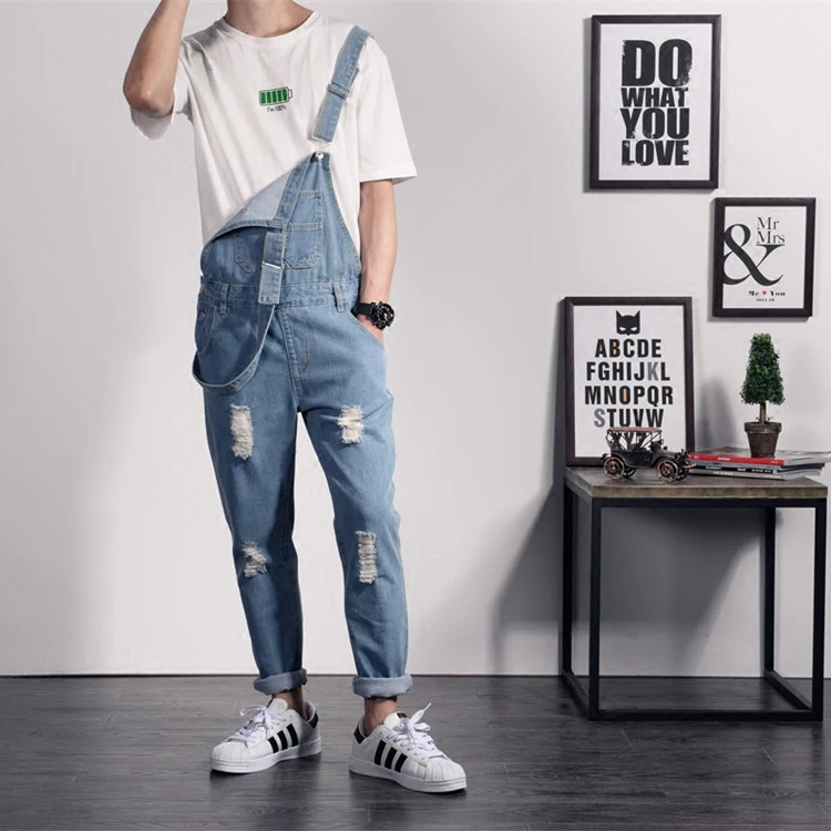 Korean Fashion Men's Casual Ripped Jeans Pants Slim Fit Suspender Trousers Male Jumpsuit Rompers Men Vintage Denim Overalls 4XL