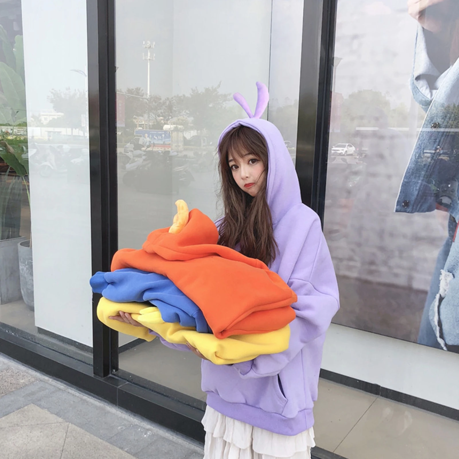 Women Casual Cartoon Hooded Long Sleeve Pullover Sweatshirt Winter Blue Purple Pocket Oversized Plush Warm Hoodies Sweatshirts
