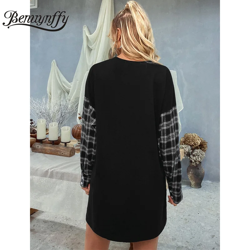 

Benuynffy Crew Neck Contrast Plaid Sleeve Boyfriend Sweatshirt Women Autumn Knit Long Sleeve Pullover Woman Casual Sweatshirts