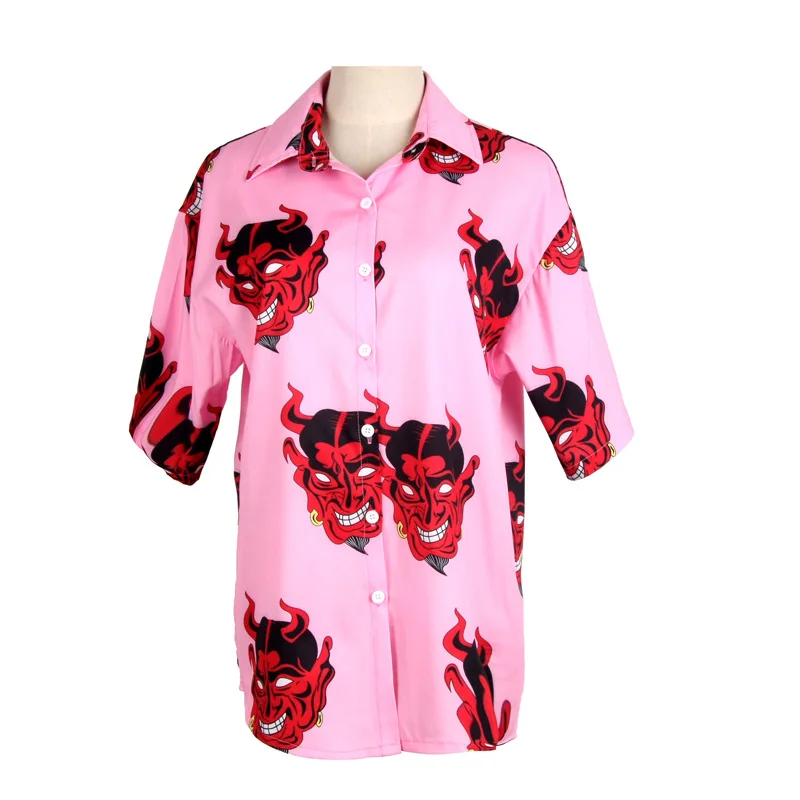 

Demon Print Vintage Shirt for Women Ladies Harajuku Blouse Tops Short Sleeve Clothes Tee Button Up Shirt Satan Clothing