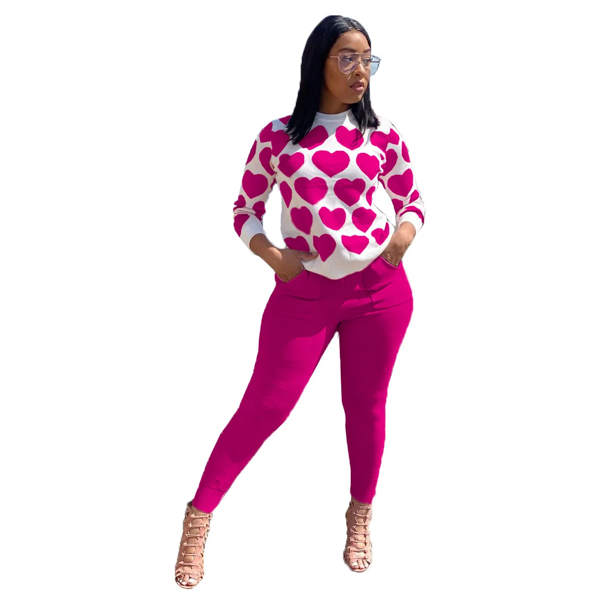

loving heart printed woman tshirts+solid sweatpants two piece set,ensemble femme 2 pices,yellow blue pink clothes